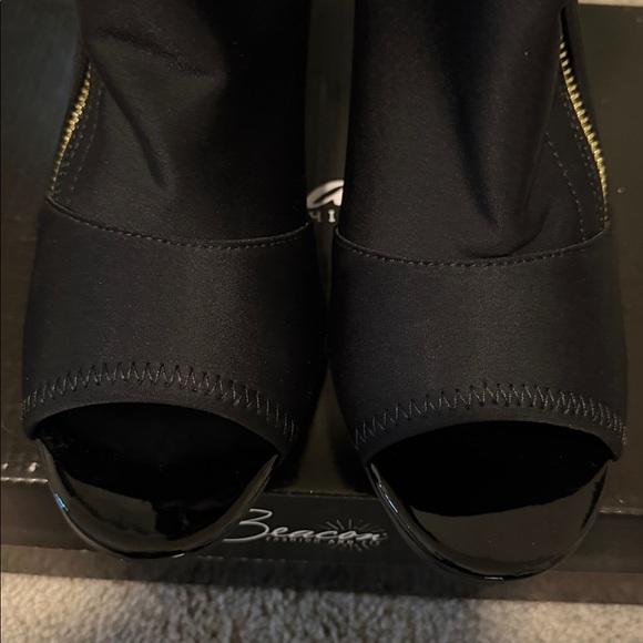 bebe Black Heeled Peep-Toe Boots with Gold Zipper - Picture 3 of 8